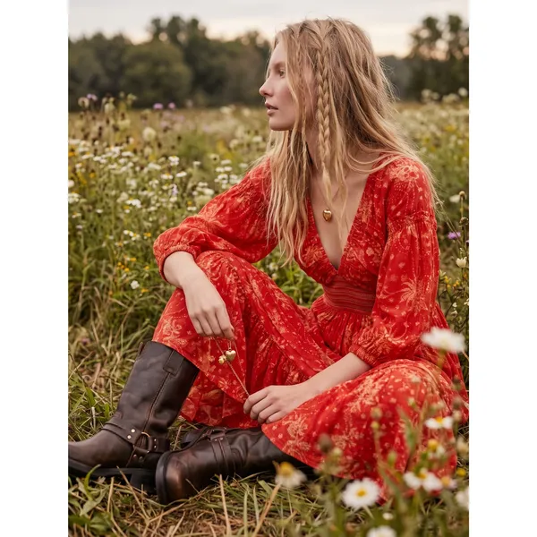 Free People Golden Hour Maxi Dress Cherry Red Large Bohemian Spring Floral 70s - Image 2