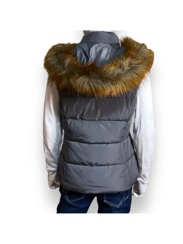 Gray Puffer Vest with Faux Fur Detachable Hood Women’s Size Small - Image 6