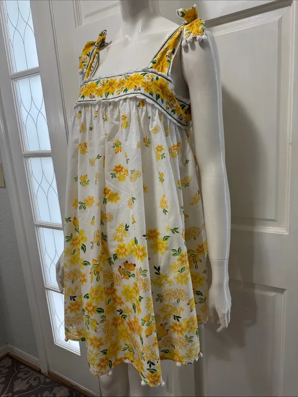 FARM Rio 100% Cotton Azaleia Yellow Floral Tie Straps Mini Dress Size Large - Image 8