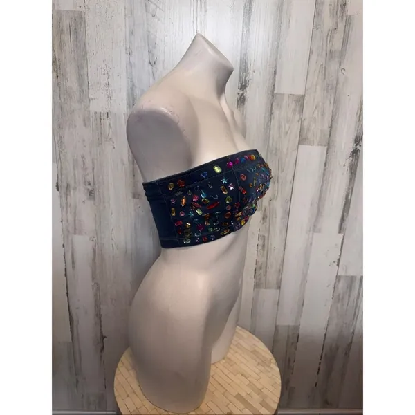 GJG Denim Bejeweled Tube Top Womens Small Multi Color Rhinestone Denim Bandeau - Image 4