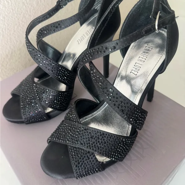 Jennifer Lopez Black Strappy Crystal Accent Heels - Image 3