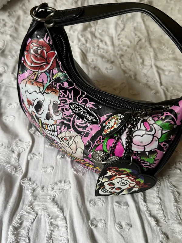 Ed Hardy Black & Pink Skull Rose Hobo Bag - Image 3