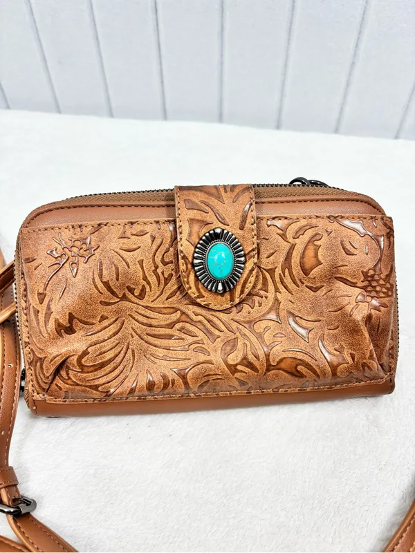 LAVAWA Tooled Brown Leather Crossbody Wallet with Turquoise Accent - Image 2