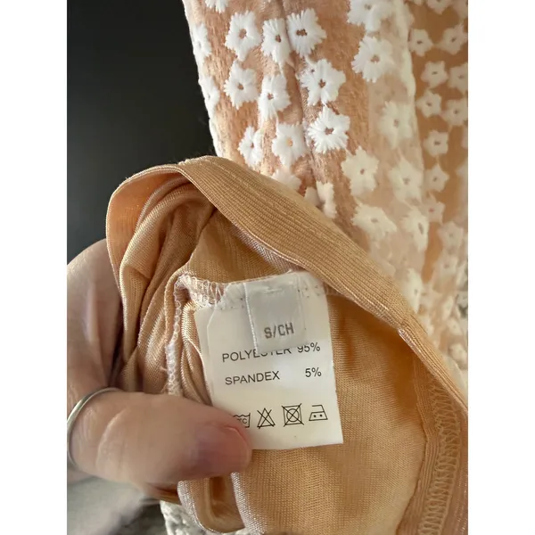 Floral Lace Cami Mini Dress White Tan‎ Ruffle Hem Tie Front Cottage Small - Image 8