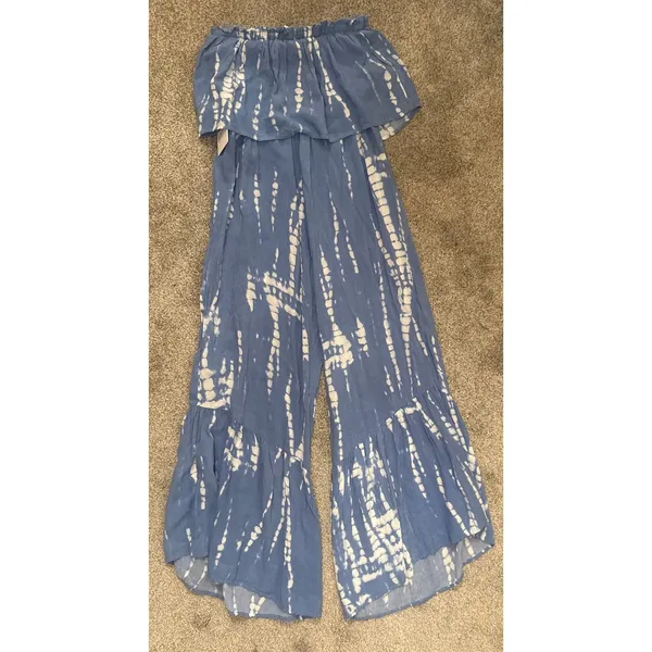 Japna NWT Strapless Tie Dye Jumpsuit XS Blue White Rayon Wide Leg Ruffle Boho - Image 7