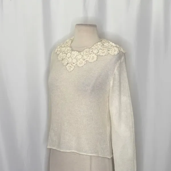 ZARA Alpaca Wool Ecru Crochet Flower Applique Sweater Blogger Favorite Small - Image 6