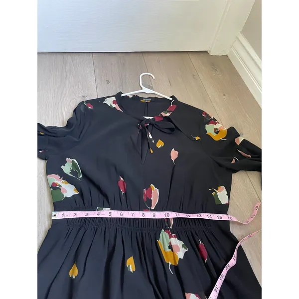 Madewell Short Dress VNeck Collar Tie Leaf Print Black Sheer Long Sleeves Size 1 - Image 6