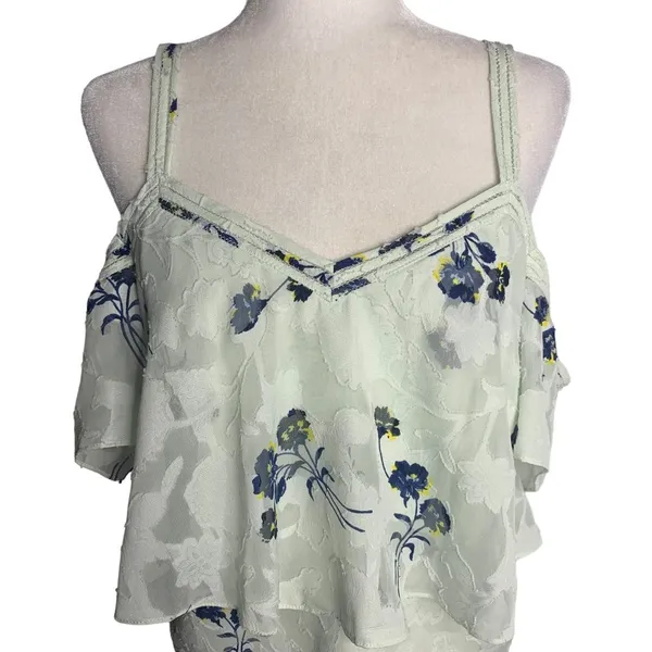 Lucky Brand Cold Shoulder Floral Blouse M Mint Green Flocked Ruffle Layers - Image 2