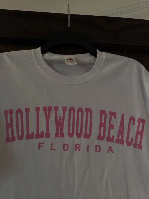 White "Hollywood Beach Florida" Graphic Tee - Pink Print - Image 2