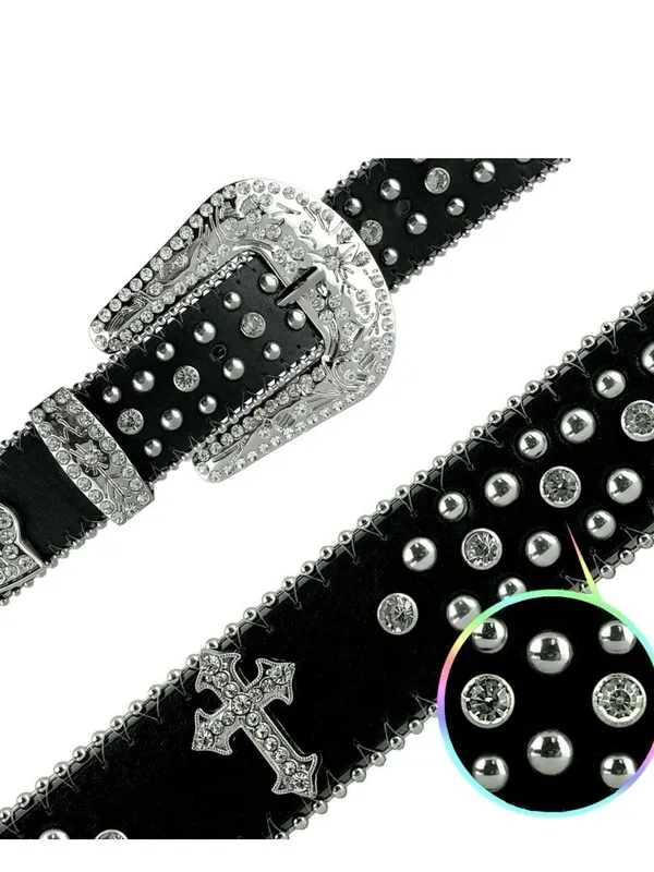 Western Black Leather Belt with Crystal Studded Rhinestones, Engraved Buckke - Image 2