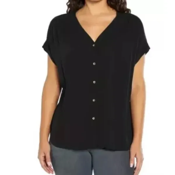 Orvis Black Rayon Button Front Blouse Relaxed V Neck Top Women’s Large - Image 2