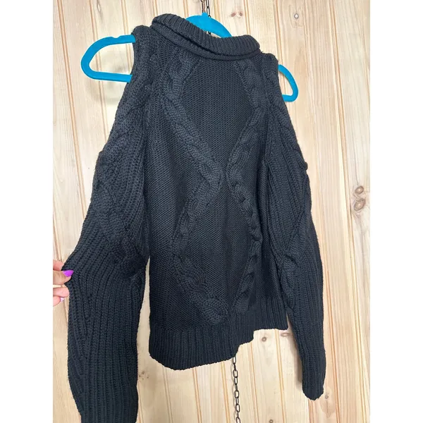 Intermix Black Merino Wool Elora Cold Shoulder Sweater Cable Knit Rustic Size S - Image 6