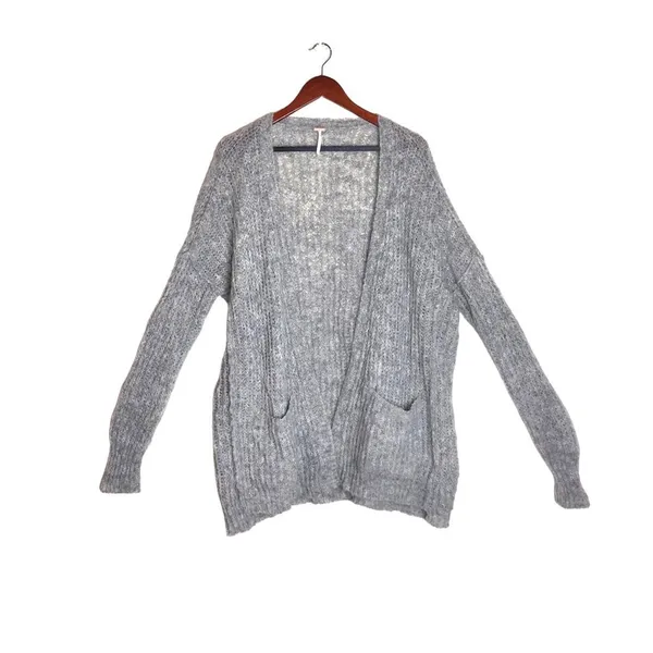 Free People Weekend Getaway Grey Ribbed Knit Alpaca Open Front Long Cardigan - Image 4