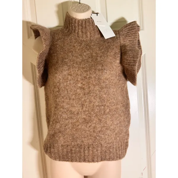 Zara Brown Wool Alpaca Blend Ruffle‎ Sleeve Knit Vest Sweater NEW S - Image 2