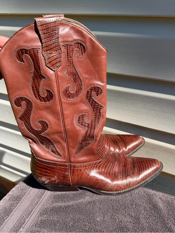 Nine West Romnee Brown Lizard Leather Cowboy Boots Sz 8 Made Brazil - Image 5