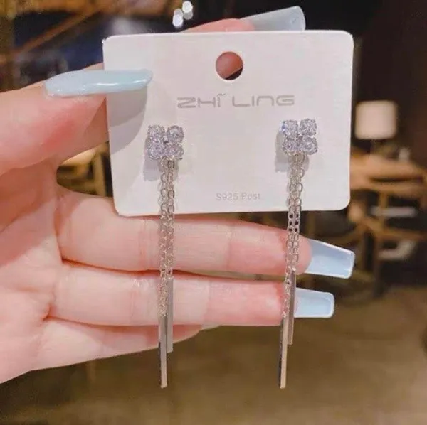 Women’s Crystal Flower Long Tassel Dangle Drop Earrings - Image 3