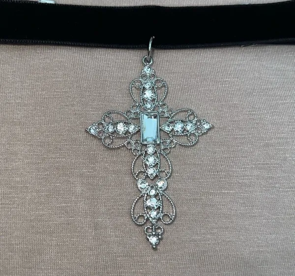 Black Velvet Rhinestone Cross Pendant Choker - Image 5