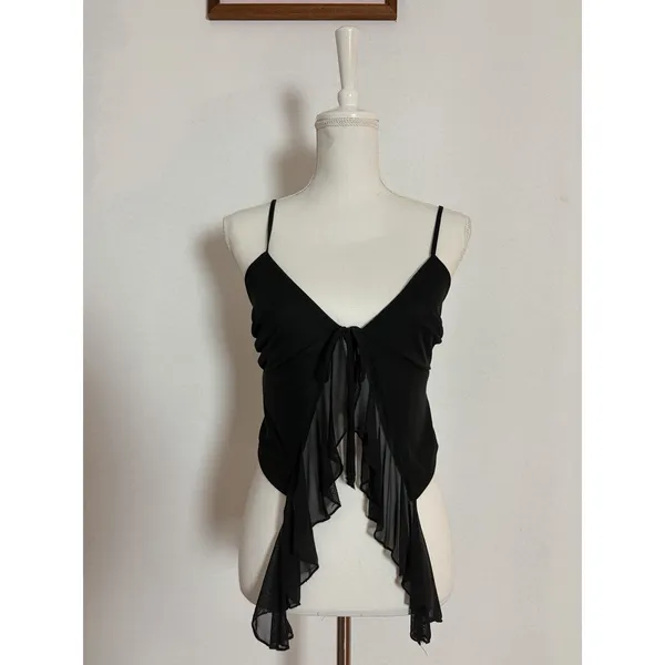 Steel Mill Black Mesh Ruffle Front Cami Tie Crop Top Sz L Fairy Fairycore Grunge - Image 2