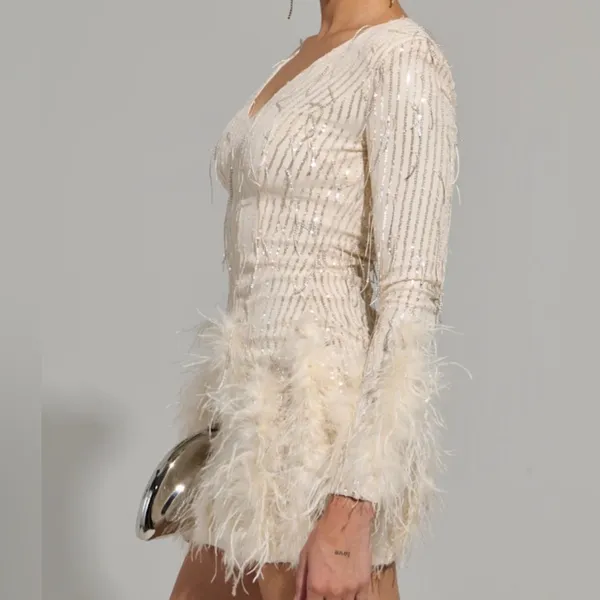 Akira Sequin Glam Feathers Mini Longsleeve Dress - Image 3