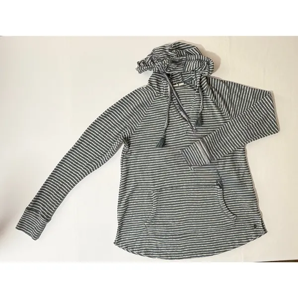 Roxy Women’s Gray & White Stripe Hoodie Pullover Medium V-Neck Kangaroo Pocket - Image 5