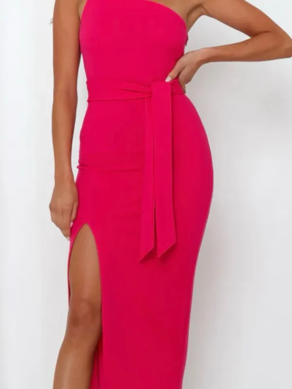 Hello Molly One-Shoulder Fuchsia Midi Dress with Side Slit - Image 2