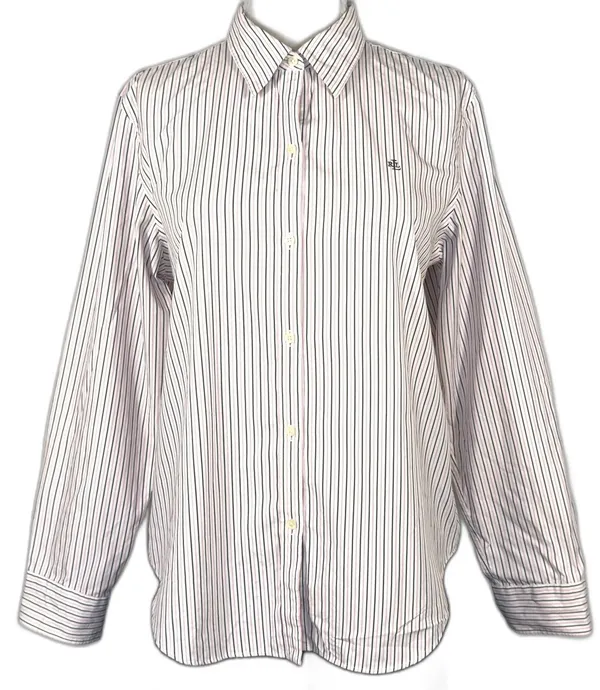 Lauren Ralph Lauren Womens Large Non-Iron Pink Black Striped Button Down Shirt - Image 2