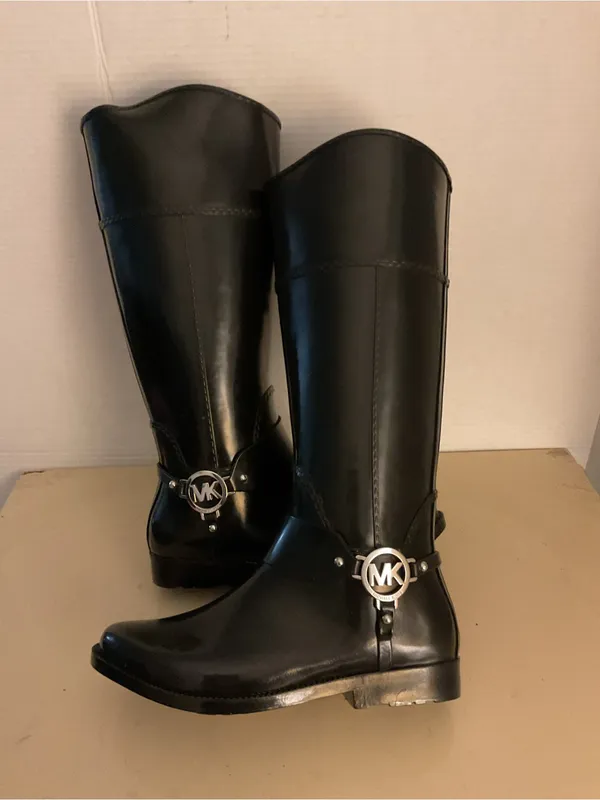 Michael Kors women Glossy Black Tall MK Logo Fulton harness Rain Boots US 8 - Image 5