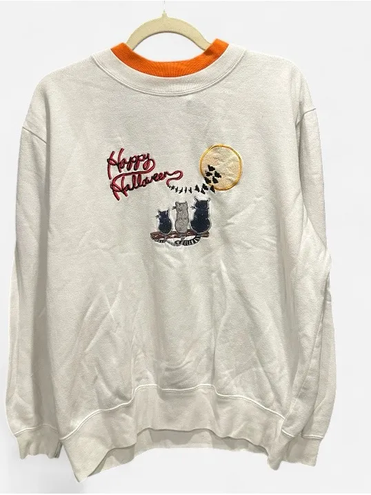 Vintage 90s Happy Halloween Grandma Sweatshirt Cats Cottagecore Large - Image 3