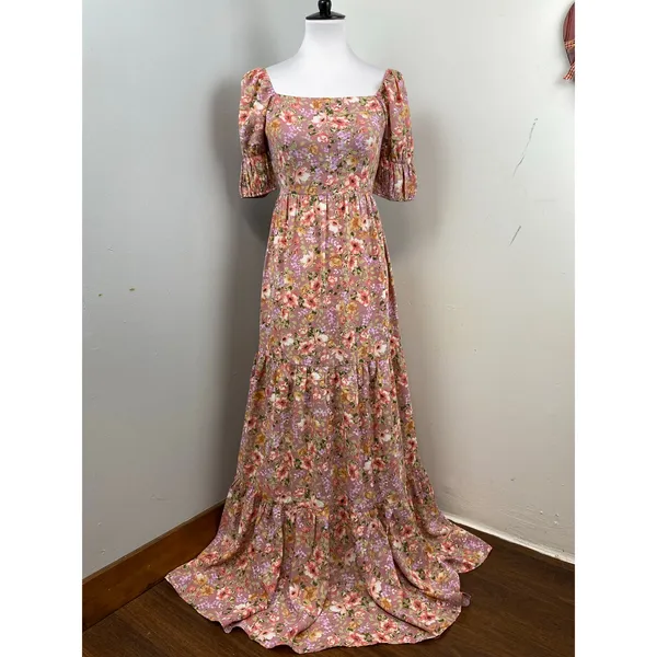 Inmod Pink Floral Puff Sleeve Open Tie Back Maxi Dress Small Romantic Feminine - Image 2