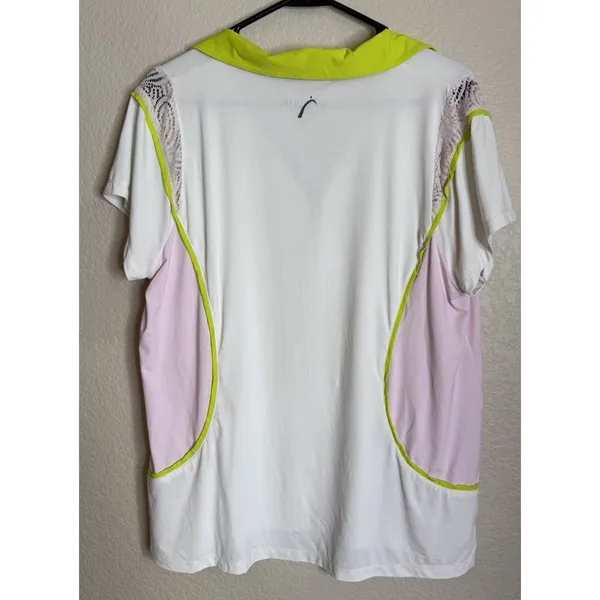 Swingdish Womens XL Polo Shirt White Pink Lime Green Lace Trim Golf Top Preppy - Image 2