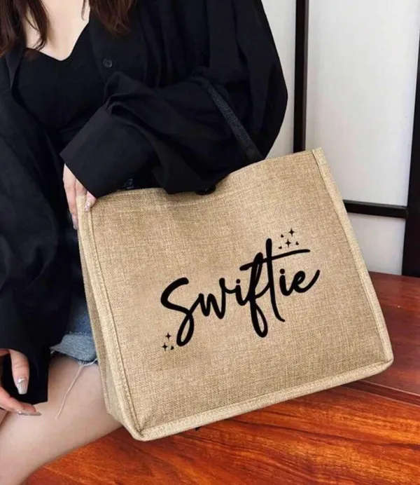1pc Khaki Reusable Canvas Tote Bag For Women With Star, Heart, Swiftie Letter Print, Convenient For Outing - Image 3