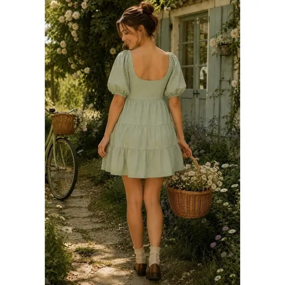 NIA Silvana Green White‎ Gingham Babydoll Dress Tiered Mini Summer Puff Medium - Image 6