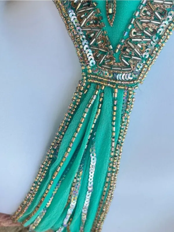 Vintage Stenay Green Gold Beaded Silk Fit & Flare Pleated Midi Dress Size 14 - Image 5