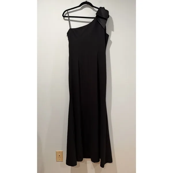Eliza J Satin Bow One Shoulder Formal Gown Womens 12 Black Prom Minimal Wedding - Image 4