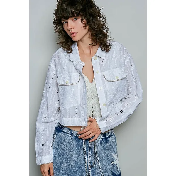 POL Eyelet Textured Cotton Cropped Button Front Jacket - Large - Image 4