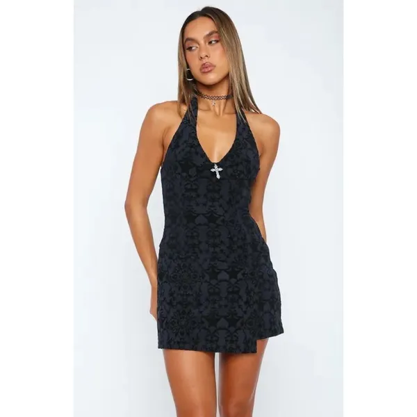 White Fox Women Thou Shalt Not Mini Dress Small Midnight Blue Velvet Grunge - Image 2