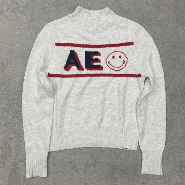 American Eagle Sweater Womens M White Smiley Graphic‎ Mock Neck AE New - Image 2
