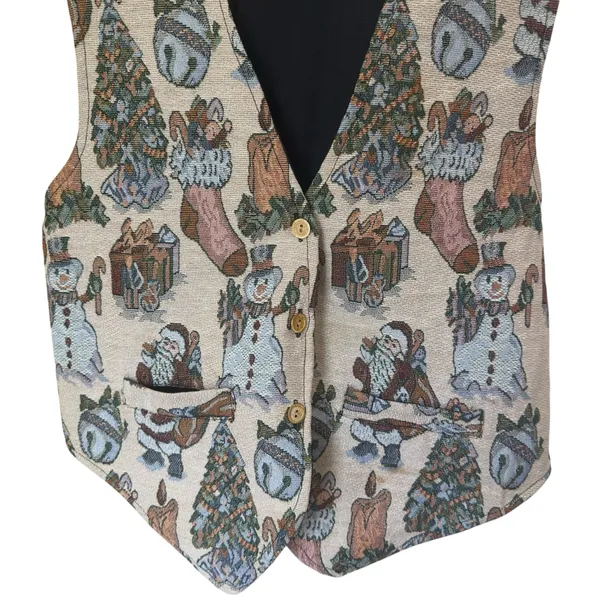 MLNY‎ Vintage Christmas Vest Santa Snowman Tapestry Holiday Waistcoat Medium - Image 4