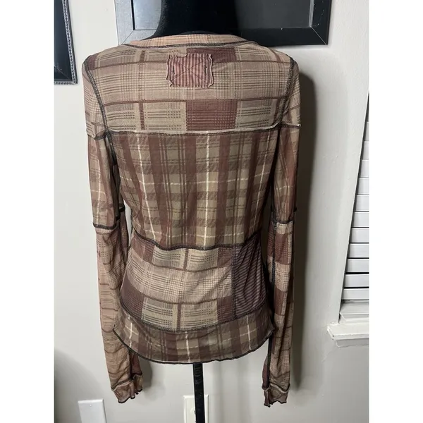 Free People Brown Plaid Mesh V Neck Long Sleeve Medium Tee Lettuce Edge‎ - Image 5