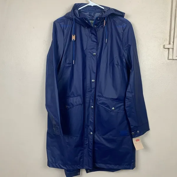 Levi's Blue Rain Jacket Trench Coat Hooded XS Long Line Snap Buttons Waterproof - Image 5