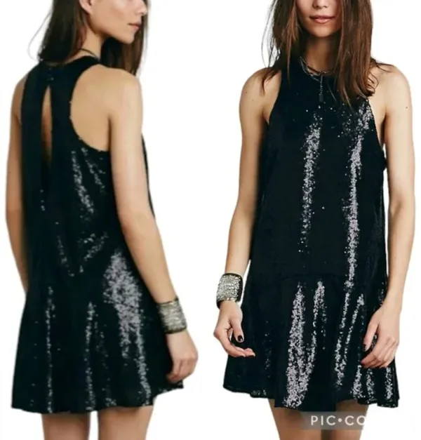 FREE PEOPLE Liquid Shine Black Sequin High Neck Cocktail mini dress Extra Small - Image 2