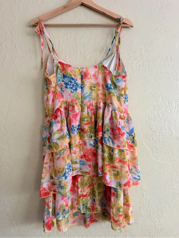 Cider Floral Tie-Strap Tiered Mini Dress in Pink, Green & Blue - Image 3