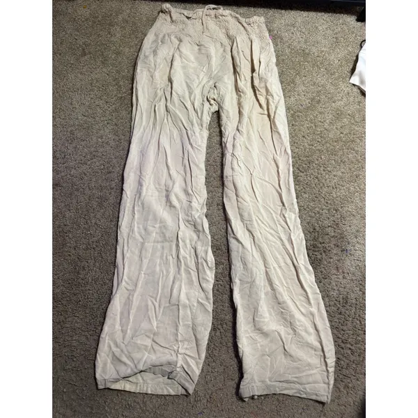 Paradise Island Beige Smocked Waist Linen Blend Wide Leg Pants‎ One Size - Image 4