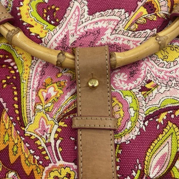 Ralph Lauren Vachetta‎ Leather Paisley Canvas Purse Handbag Round Bamboo Handle - Image 3