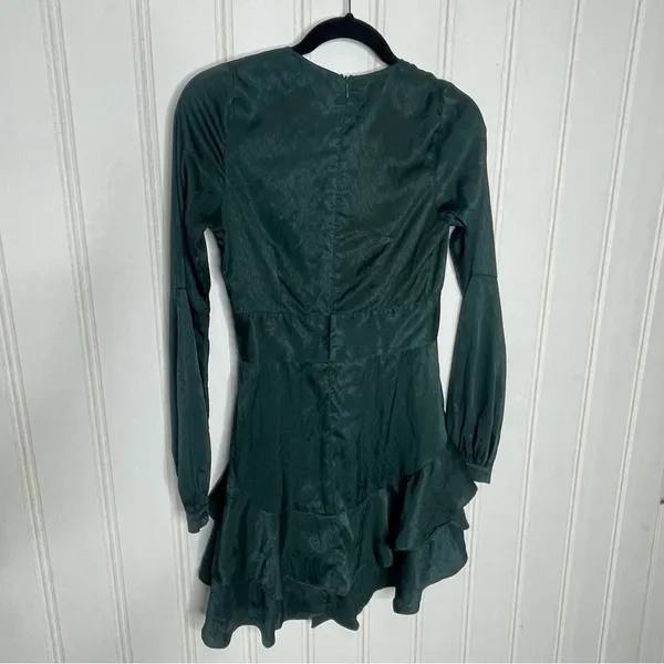 Storia Emerald Green Jacquard V-Neck Ruffle Mini Dress Small 857 - Image 7