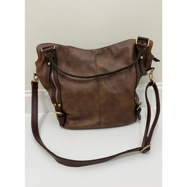 Vegan Leather Bucket Tote Crossbody Bag Brown Gold Hardware - Image 3