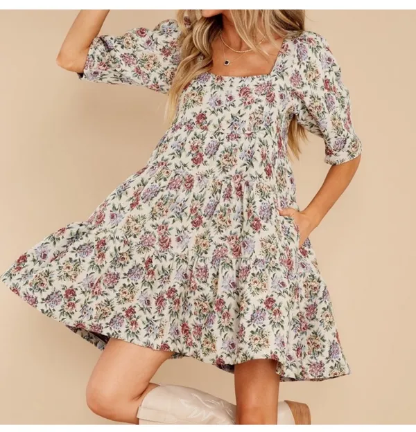Brand new floral print mini dress with puff sleeves and square neckline - Image 4