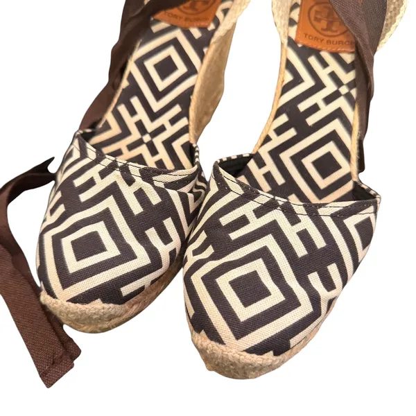 Tory Burch Wedge Espadrille Lace‎ Up Ankle Strap 38 Geometric Canvas Resortwear - Image 4