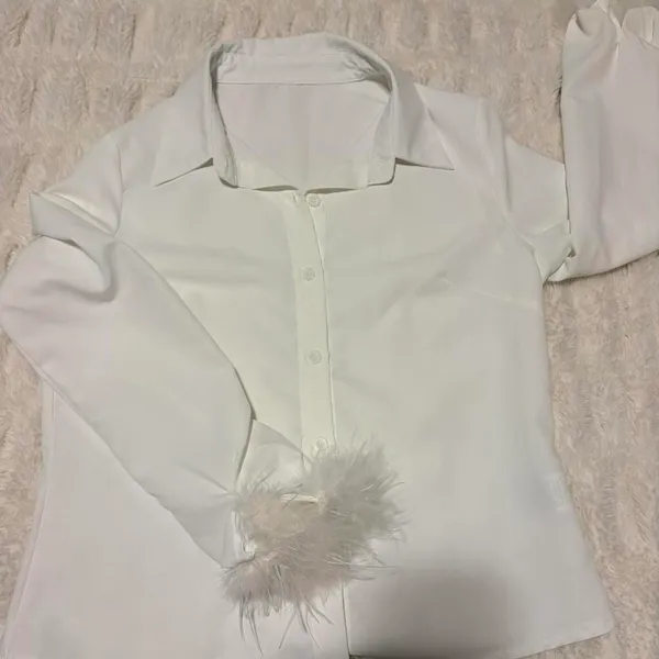 Shein Button Down Shirt with Feather Trim  - Image 4