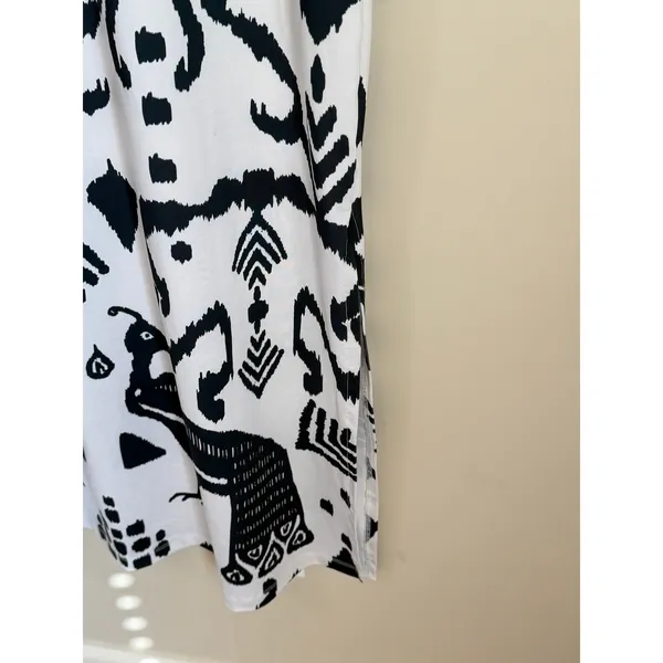 Sheridan French Callie Large Midi Dress Black White Peacock Print Resort Tribal - Image 4
